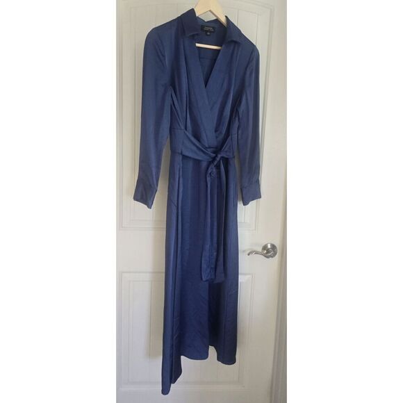TAHARI Women's Belted Faux-Wrap Midi Dress Size 6 Blue Pockets FALL/ WINTER - Picture 3 of 16
